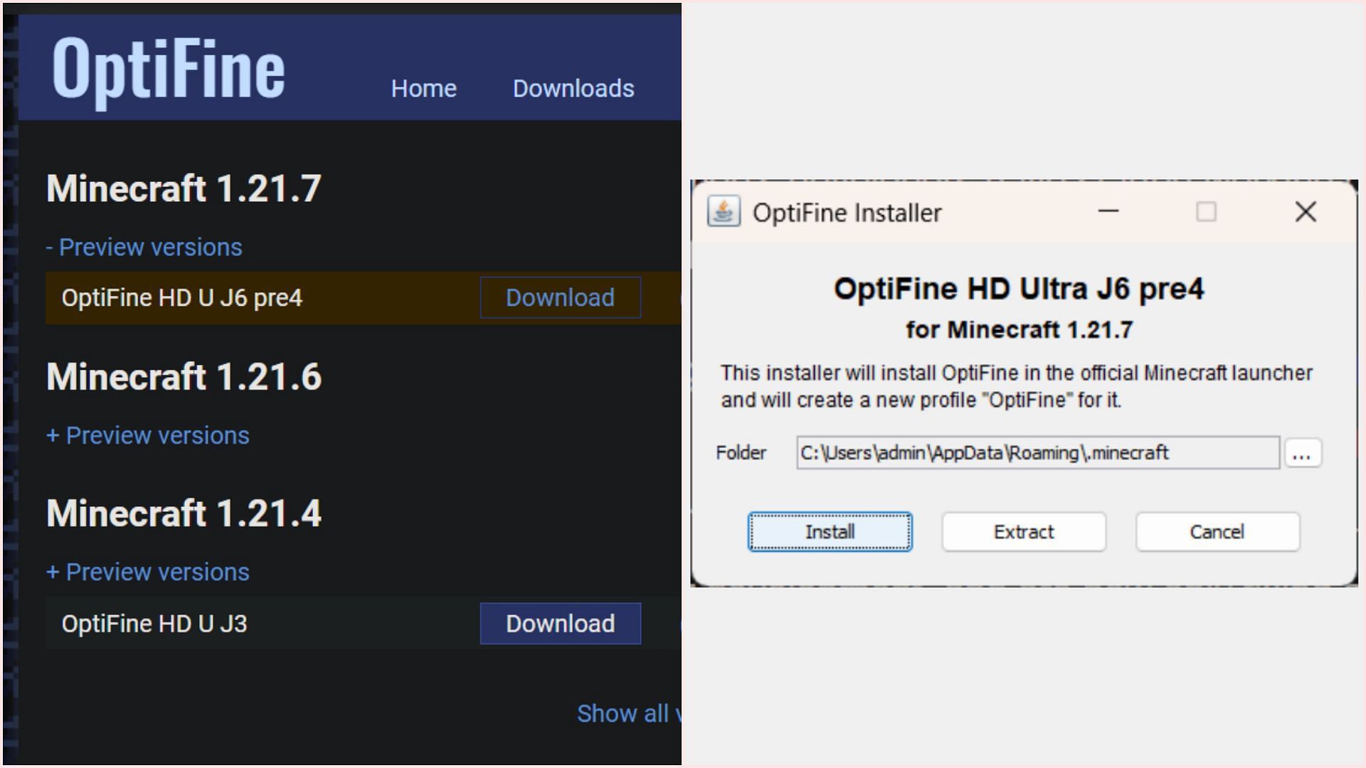 Minecraft OptiFine 1.21.7 preview version can be downloaded and installed (Image via Sportskeeda Gaming || OptiFine)
